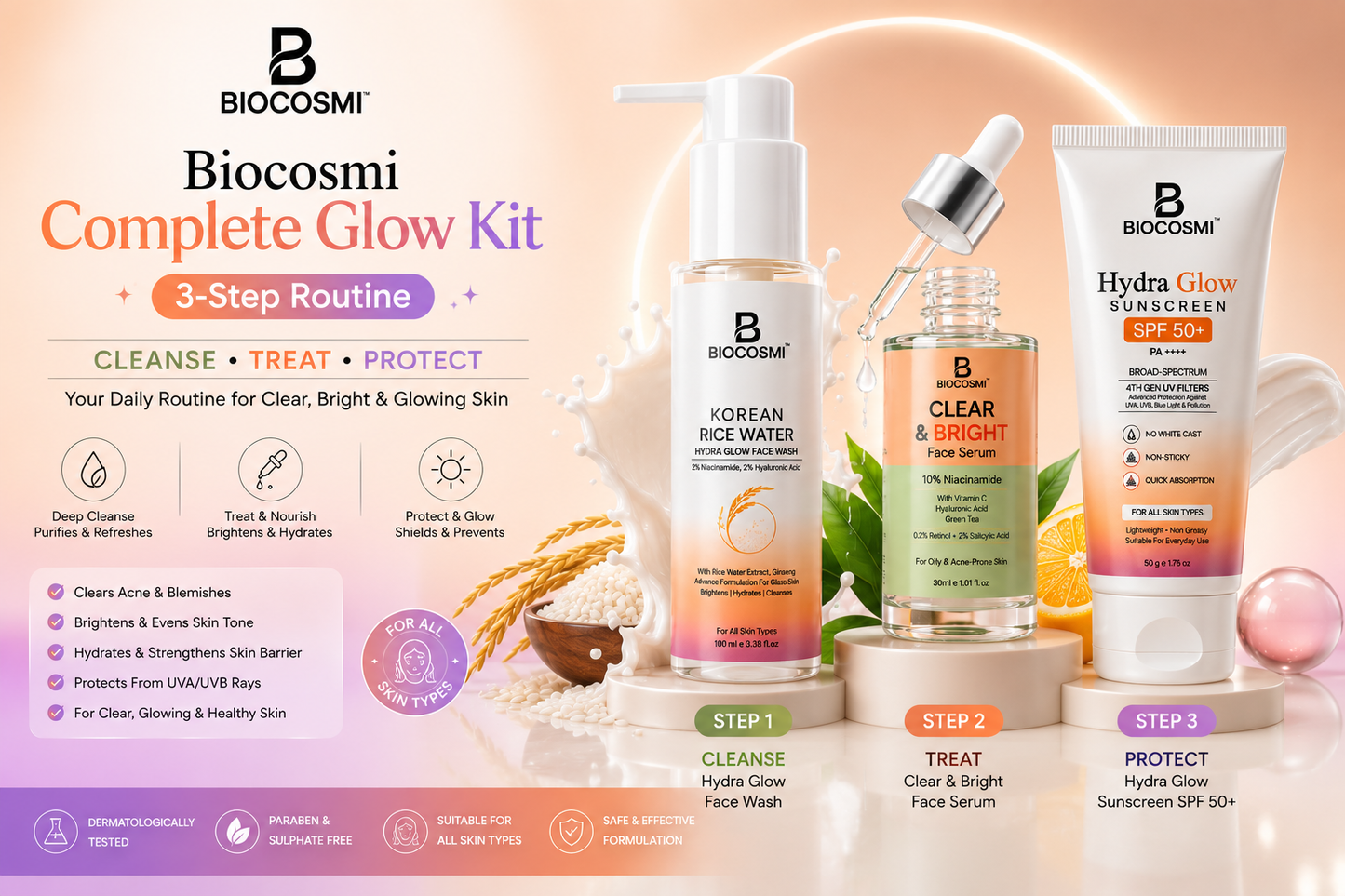 Biocosmi Complete Glow Kit | Face Serum + Face Wash + Sunscreen SPF50 | Daily Skincare Routine Set