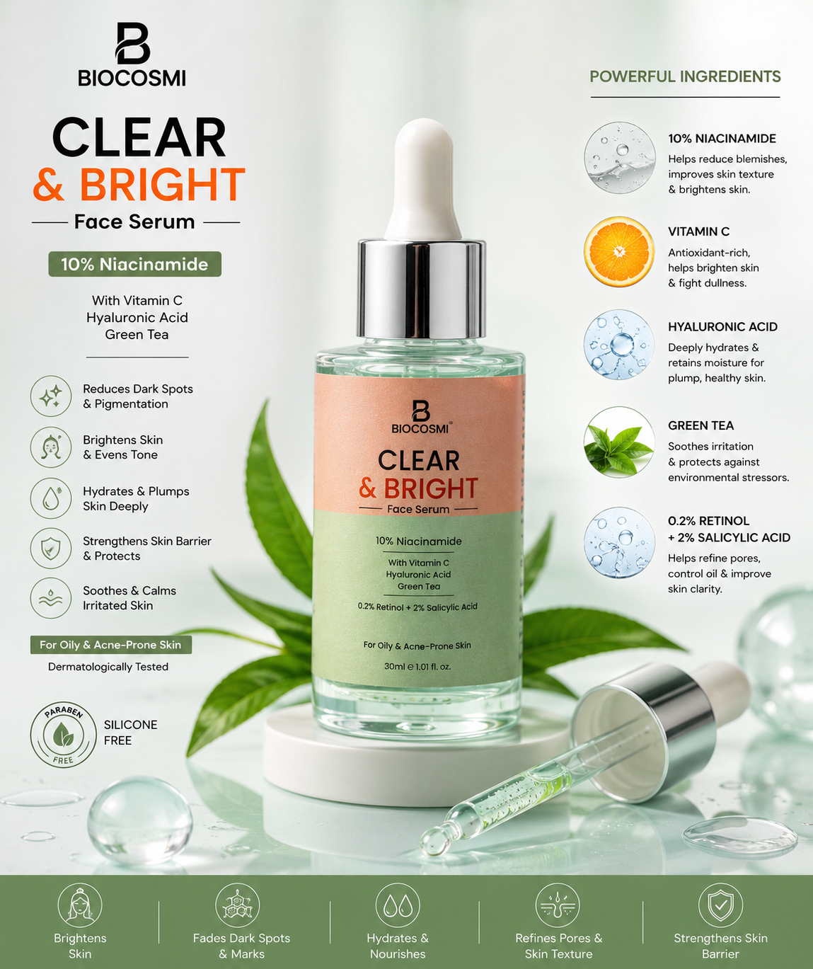 BIOCOSMI Clear & Bright Face Serum 10% Niacinamide with Vitamin C, Hyaluronic Acid & Green Tea | 30ml