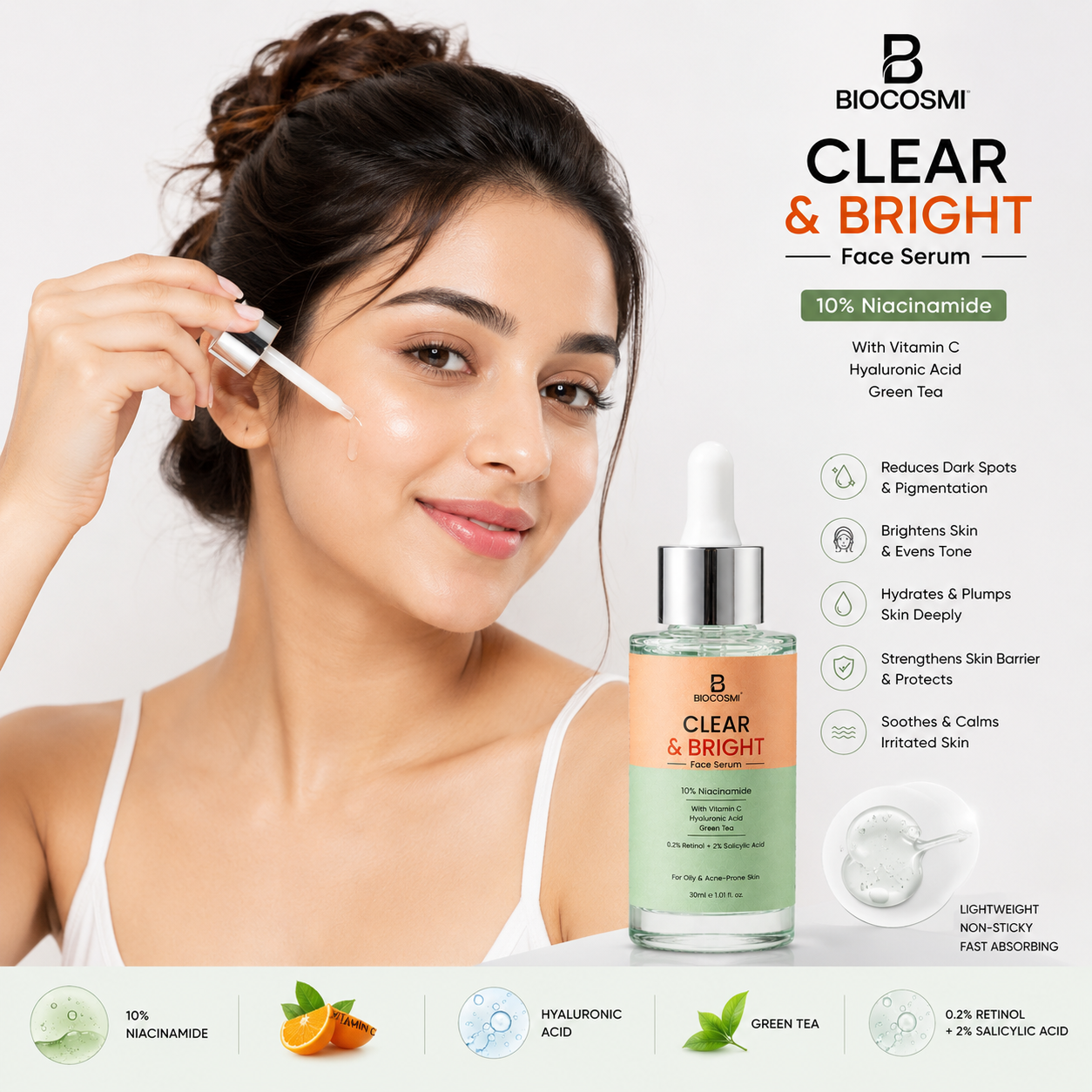 BIOCOSMI Clear & Bright Face Serum 10% Niacinamide with Vitamin C, Hyaluronic Acid & Green Tea | 30ml