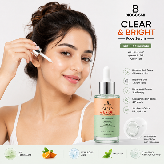 BIOCOSMI Clear & Bright Face Serum 10% Niacinamide with Vitamin C, Hyaluronic Acid & Green Tea | 30ml