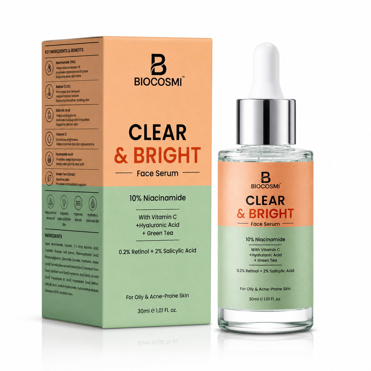 BIOCOSMI Clear & Bright Face Serum 10% Niacinamide with Vitamin C, Hyaluronic Acid & Green Tea | 30ml