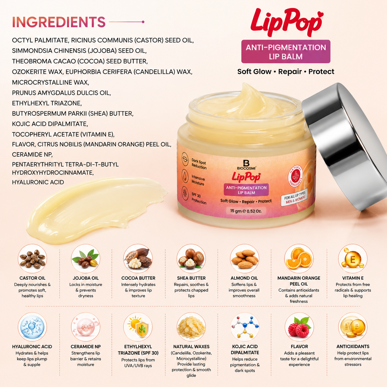 Biocosmi LipPop Anti-Pigmentation Lip Balm with SPF 30, Kojic Acid, Ceramide & Hyaluronic Acid | 15g