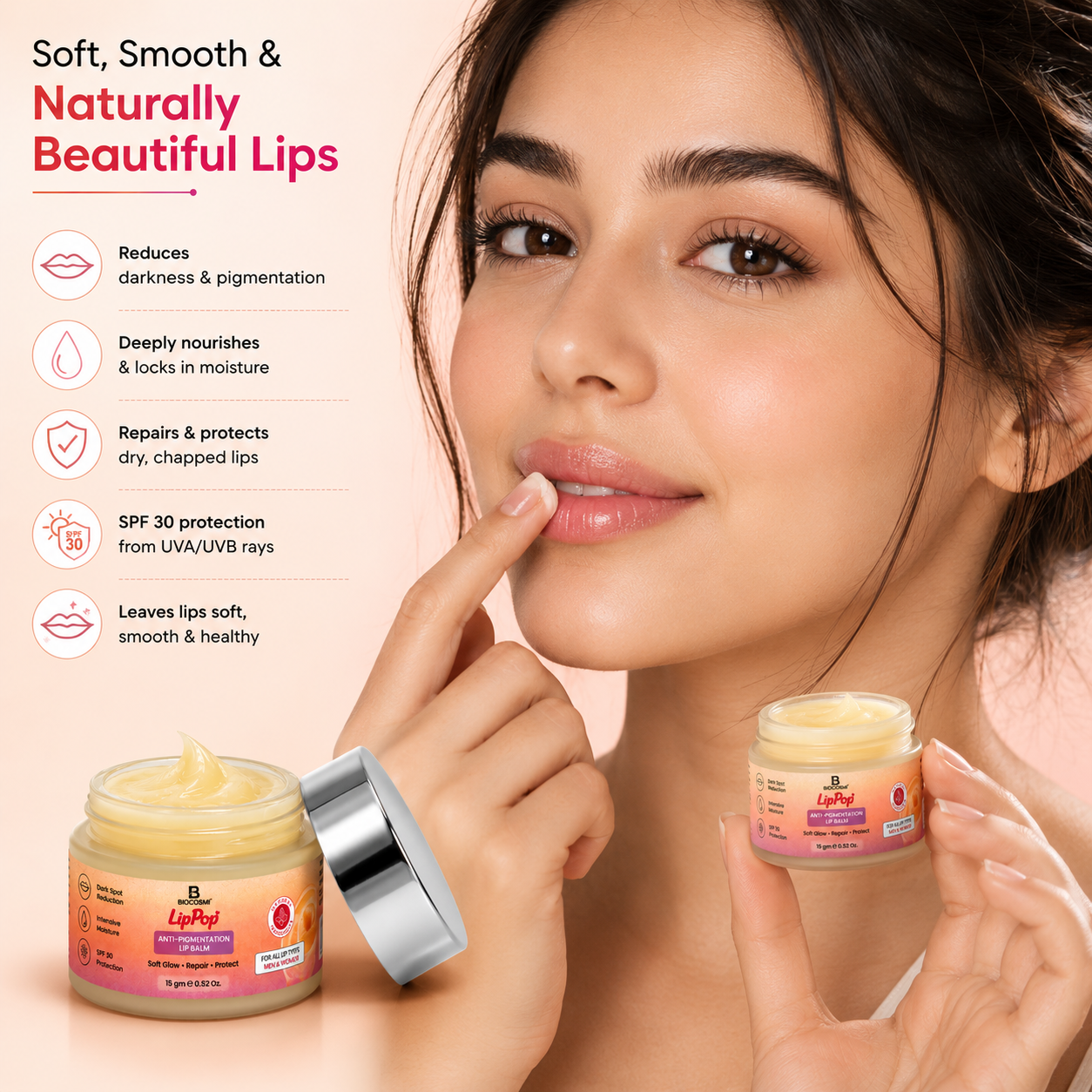Biocosmi LipPop Anti-Pigmentation Lip Balm with SPF 30, Kojic Acid, Ceramide & Hyaluronic Acid | 15g