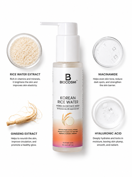 BIOCOSMI Korean Rice Water Hydra Glow Face Wash | Niacinamide & Hyaluronic Acid Face Cleanser | 100ml