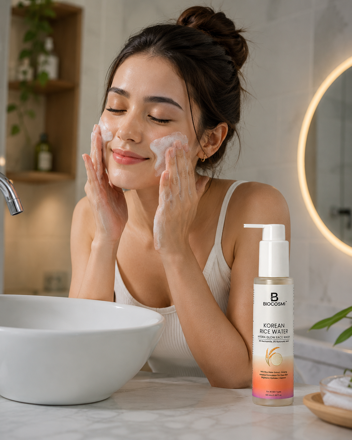 BIOCOSMI Korean Rice Water Hydra Glow Face Wash | Niacinamide & Hyaluronic Acid Face Cleanser | 100ml