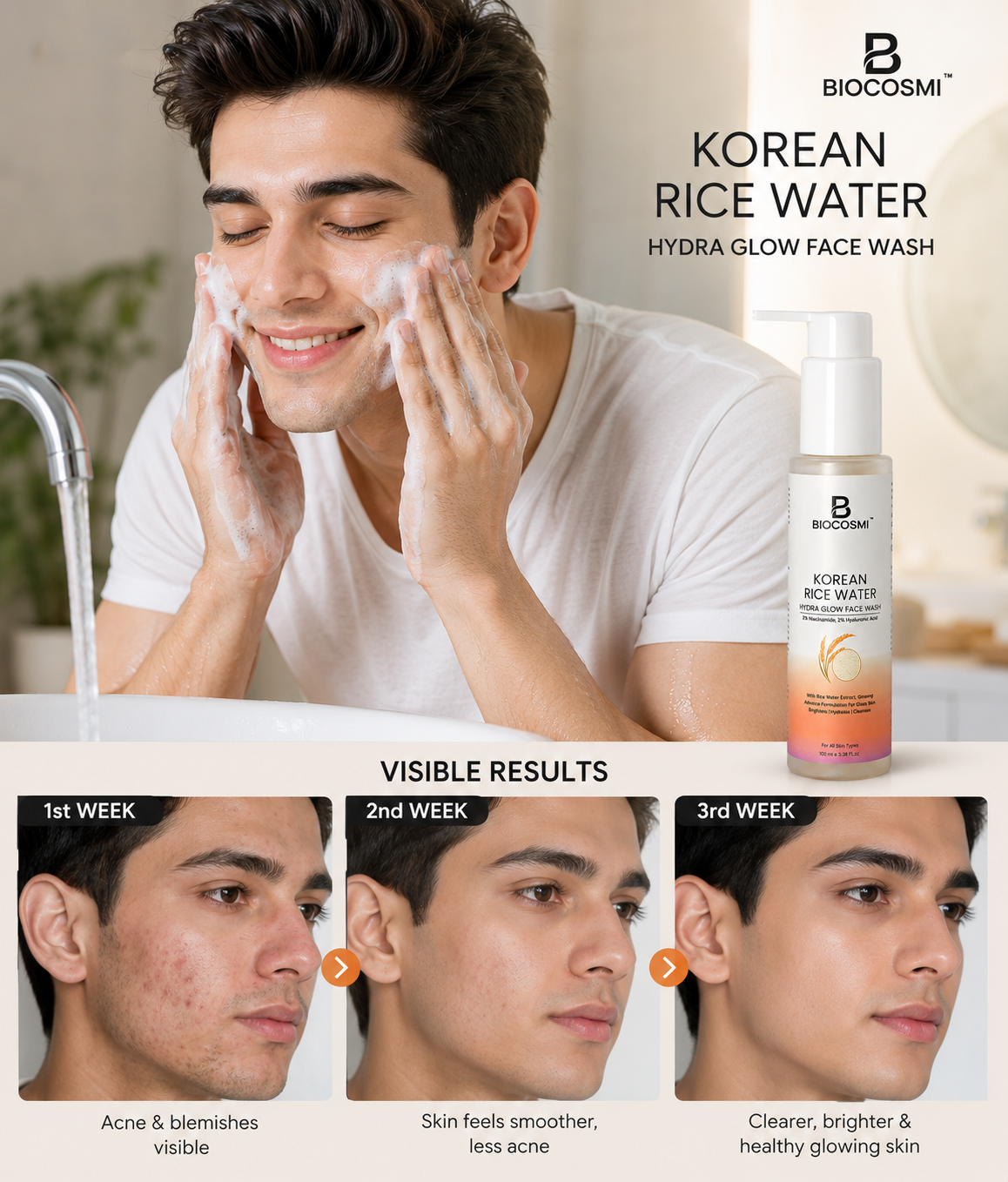 BIOCOSMI Korean Rice Water Hydra Glow Face Wash | Niacinamide & Hyaluronic Acid Face Cleanser | 100ml