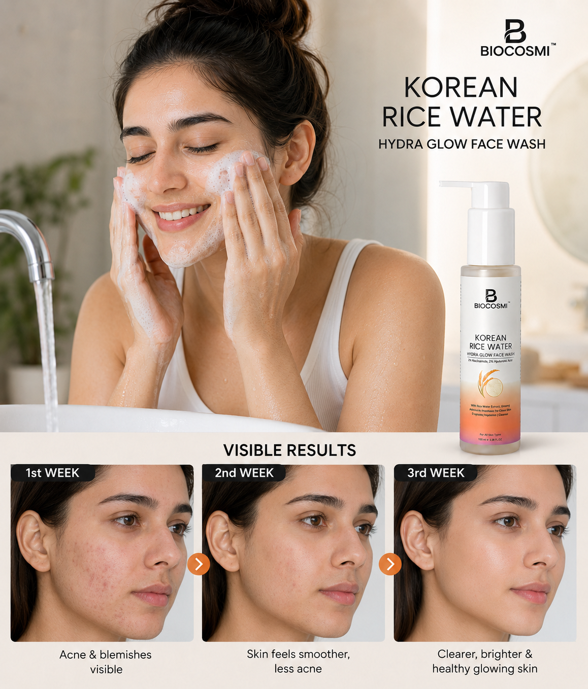 BIOCOSMI Korean Rice Water Hydra Glow Face Wash | Niacinamide & Hyaluronic Acid Face Cleanser | 100ml
