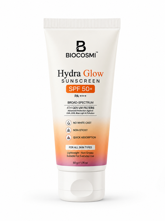 BIOCOSMI Hydra Glow Sunscreen SPF 50+ PA++++ | No White Cast | Broad Spectrum UV Protection | 50g