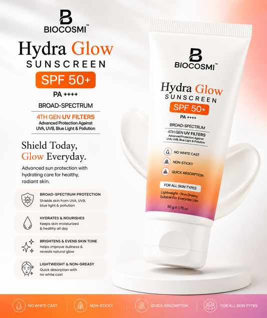 BIOCOSMI Hydra Glow Sunscreen SPF 50+ PA++++ | No White Cast | Broad Spectrum UV Protection | 50g