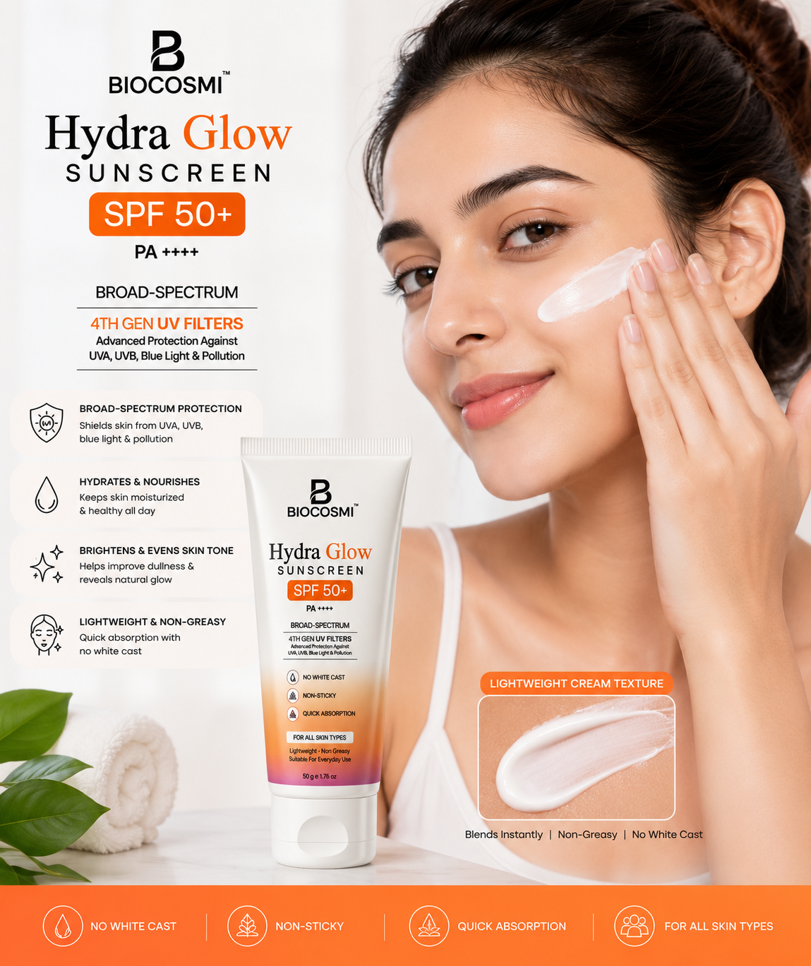 BIOCOSMI Hydra Glow Sunscreen SPF 50+ PA++++ | No White Cast | Broad Spectrum UV Protection | 50g