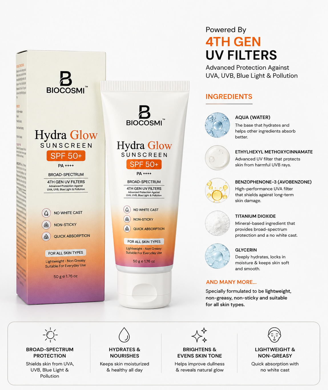 BIOCOSMI Hydra Glow Sunscreen SPF 50+ PA++++ | No White Cast | Broad Spectrum UV Protection | 50g