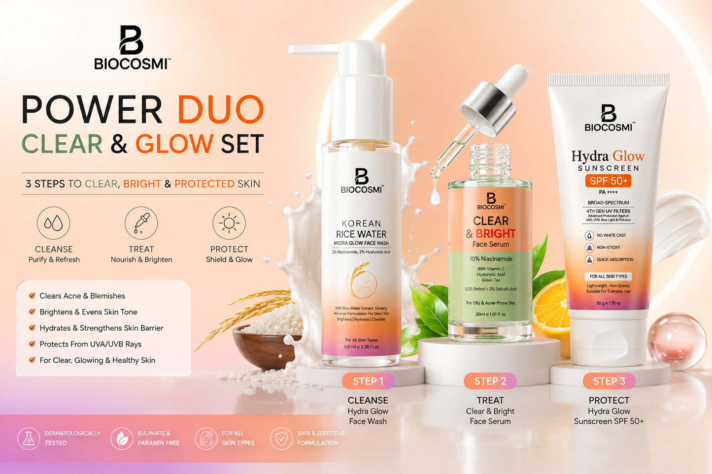 Biocosmi Complete Glow Kit | Face Serum + Face Wash + Sunscreen SPF50 | Daily Skincare Routine Set