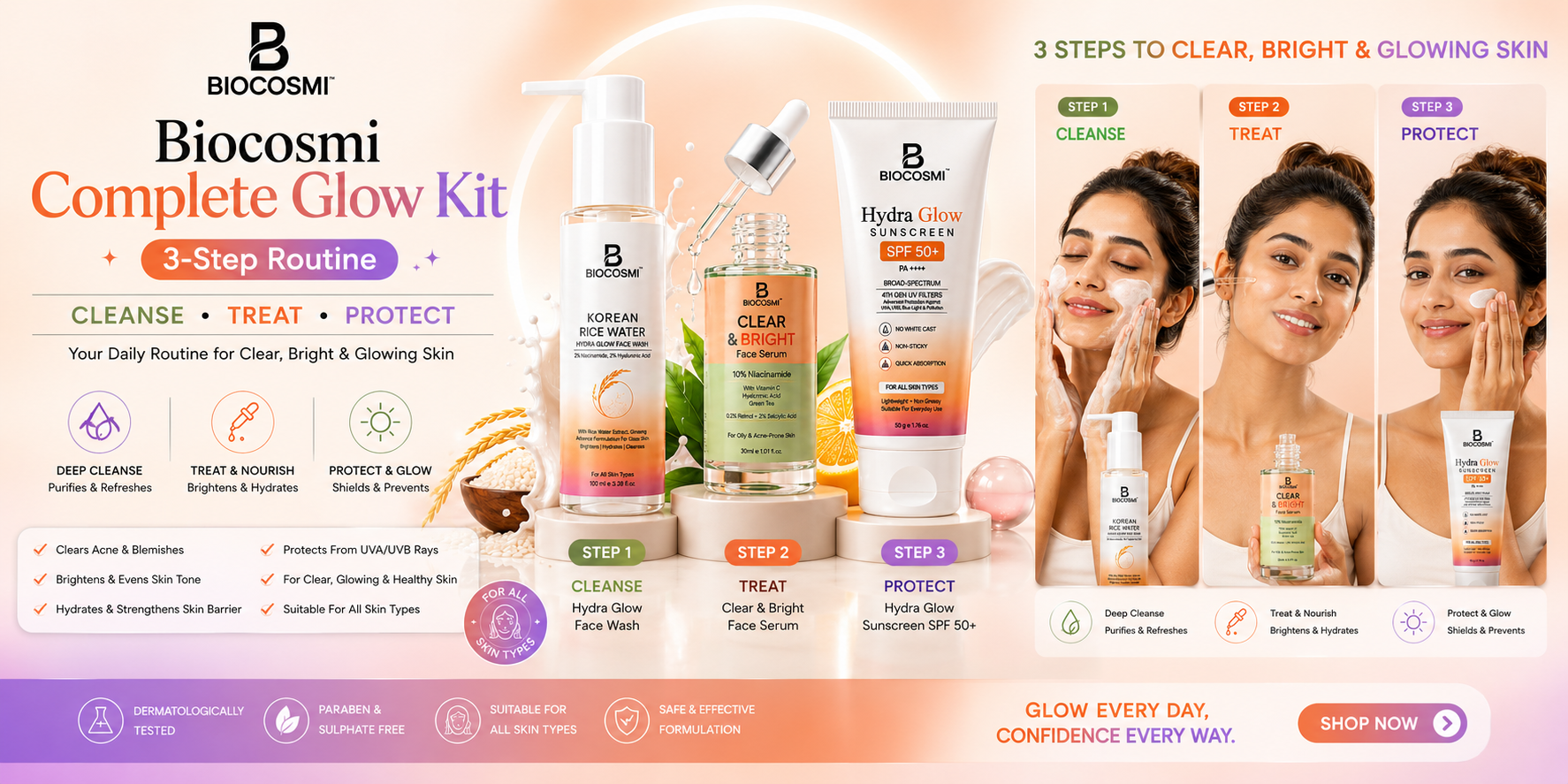 Biocosmi Complete Glow Kit - 3 Step Routine - Cleanse Treat Protect